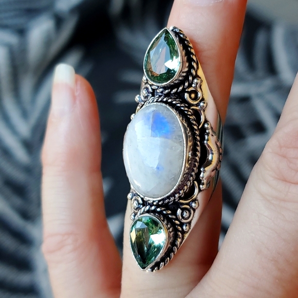 New Rainbow Moonstone & Green Amethyst 925 Silver Statement Ring. - Picture 2 of 15